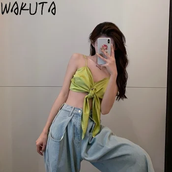 WAKUTA 2021 Caliente coreano de Moda de las Mujeres Tops de Seda Verde Mosaico del Arco de Encaje Hasta la Venda Sexy Spahetti Correa de Verano Superior Camisola Casual